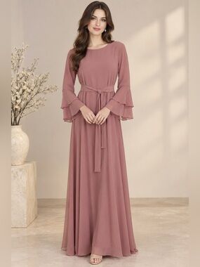 Elegant Long Sleeve Ruffle Maxi Dress - Dusty Rose